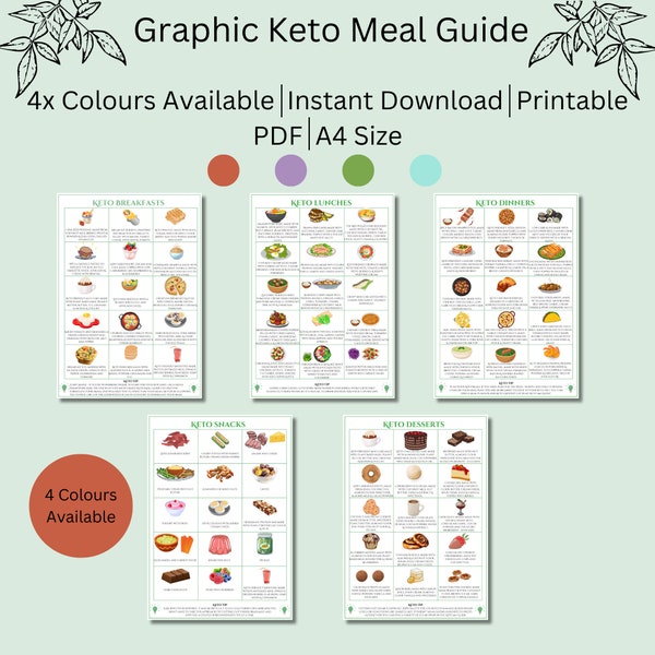 Keto Meal Idea Guide - Breakfast, Lunch, Dinner, Dessert, Snack Inspiration (Purple, Green, Red, Blue)