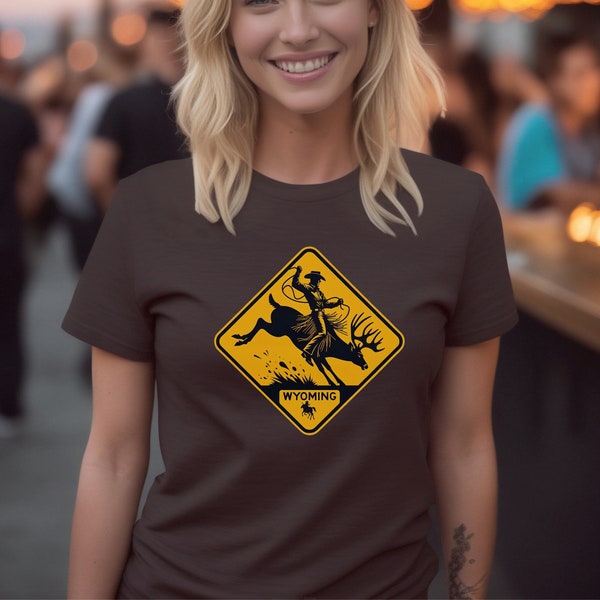 Wyoming Cowboy on Bucking Deer Tee: Unique Deer Crossing Sign - Must-Have for Western Enthusiasts | Gift for Mother's Day, Father's Day