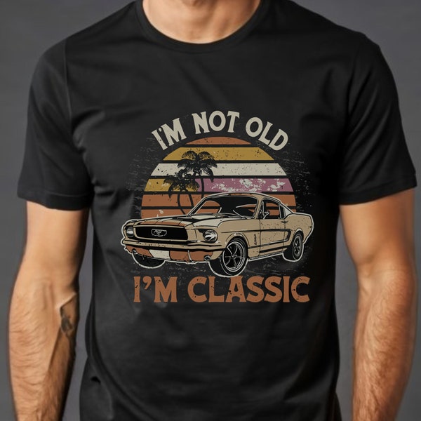 Older Person Vintage Yellow Mustang T-Shirt: 'I'm Not Old, I'm Classic' - Perfect Gift for Car Enthusiasts, Dad Gift, Grandpa Gift