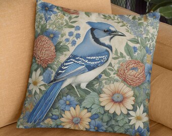 Blue Jay Botanical Pillow - Blue Bird pillow, floral pillow, botanical pillow, blue bird decor