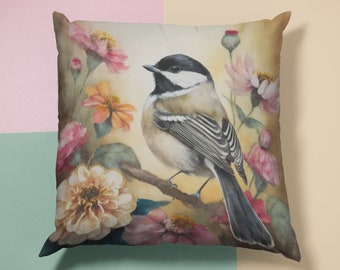 Cottagecore Chickadee Pillow - cute bird pillow, cottagecore bird pillow, vintage style bird pillow, vintage bird, bird theme, bird decor