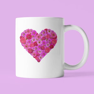 Zinnia Lover Heart Mug - 11 oz - Zinnia flowers, heart design, Zinnia Heart mug, gift for zinnia lover