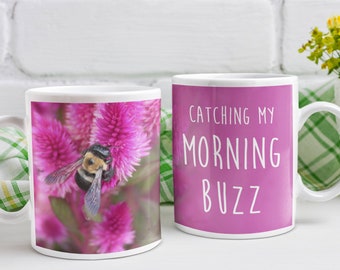Morning Buzz Bee Coffee Mug... Bee on Pink Flowers - 11oz, bee mug, bee gift, bumblebee mug, bumblebee gift, nature mug