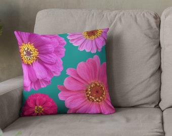 Bright Pink Zinnia Flowers Pillow - zinnia decor, floral decor, zinnia pillow, pink flower pillow, floral pillow, beautiful floral pillow