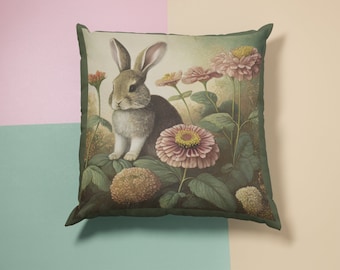 Cottagecore Bunny Pillow - bunny pillow, cottagecore pillow, vintage style pillow, vintage bunny, cottagecore rabbit