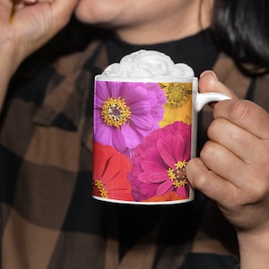 Coffee Mug - Zinnia Flowers - 11oz, bright zinnia mug, zinnia mug, pretty flower mug, zinnia gift