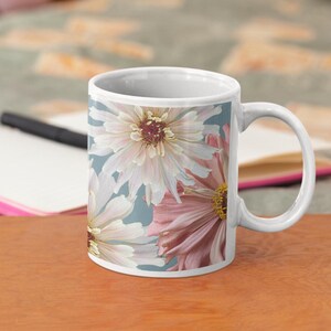 Zinnia Flower Coffee Mug - Beautiful Pink and White Cactus Zinnia Floral Mug, Pretty coffee mug