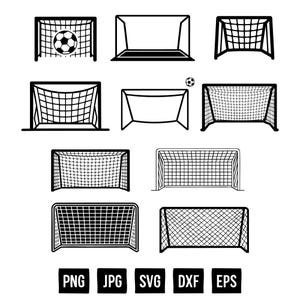 Può includere: Illustrazioni in bianco e nero di porte da calcio in vari design. Una porta ha un pallone da calcio nella rete. L'immagine include anche etichette di tipo di file: PNG, JPG, SVG, DXF ed EPS.