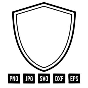 May include: A black and white shield design with a double outline. Below the shield are the file type abbreviations: PNG, JPG, SVG, DXF, and EPS.