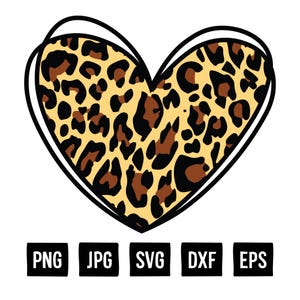 May include: A heart-shaped graphic with a leopard print pattern in shades of tan, brown, and black, outlined in black. Below the heart are black rectangles with the file type abbreviations: PNG, JPG, SVG, DXF, and EPS.