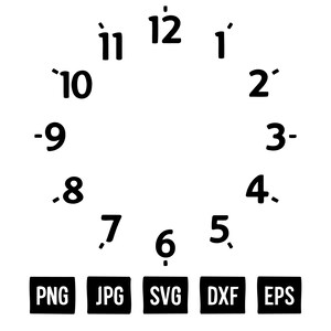 May include: Black and white clock face design with numbers 1 through 12. The image includes the file type labels: PNG, JPG, SVG, DXF, and EPS.