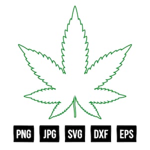 Puede incluir: Un contorno verde de una hoja de cannabis sobre un fondo blanco. Debajo de la hoja hay rectángulos negros con el texto: PNG, JPG, SVG, DXF y EPS.