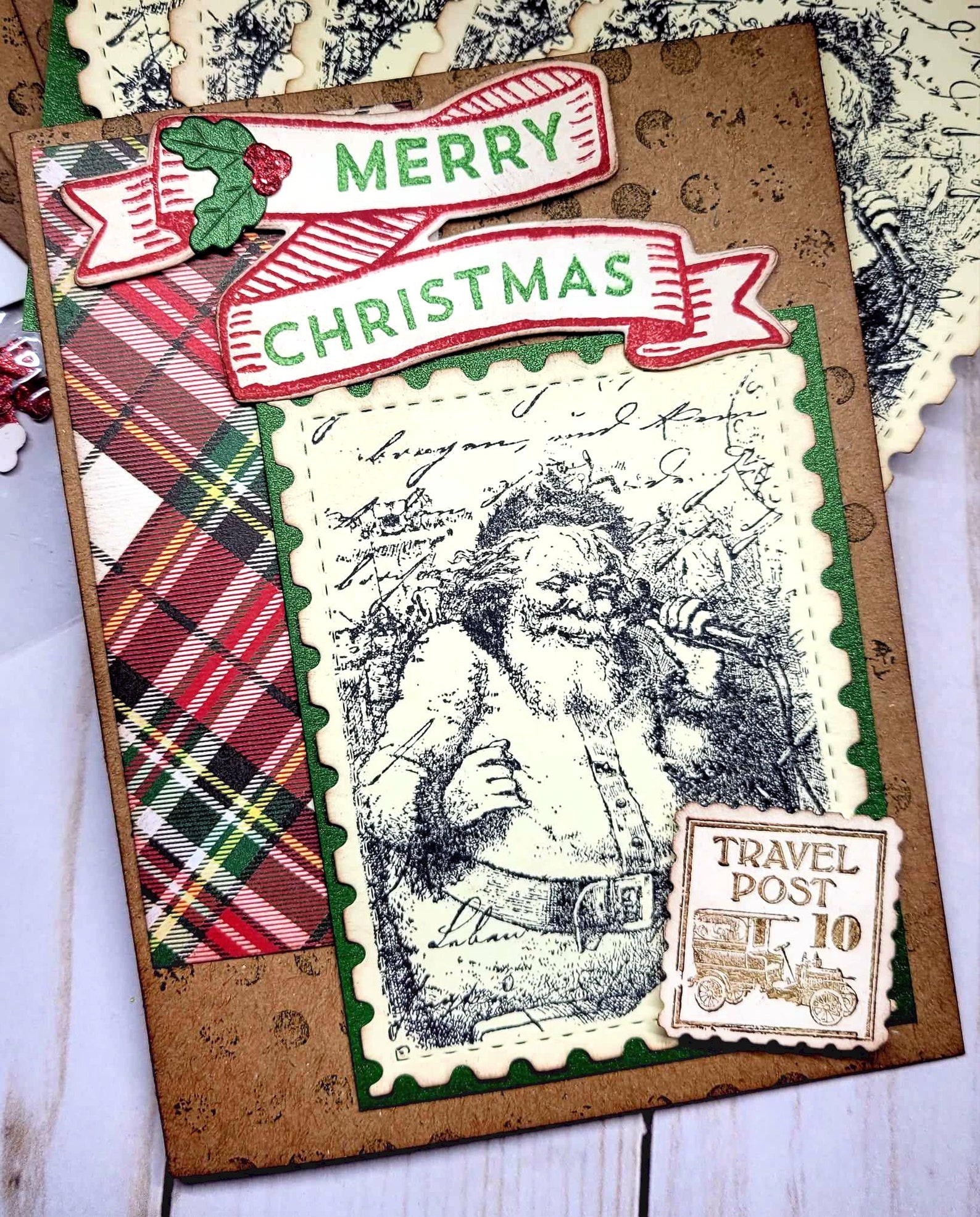 5 Vintage Santa Plaid Stampin up Postage Due Card Kits Grunge Christmas ...