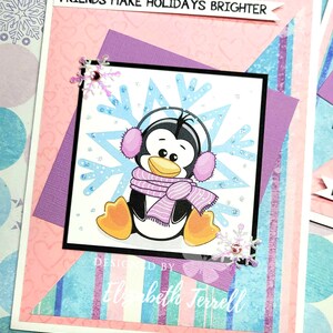 6 Kit de tarjetas navideñas Penguin Friends Snowflake Heart Pink Purple Holiday Kit de tarjetas hechas a mano estampado a mano DIY