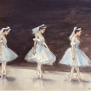 Dipinto ad acquerello originale o stampa giclée di "Into the Light", opera d'arte impressionista di balletto raffigurante tre ballerine danzanti blu