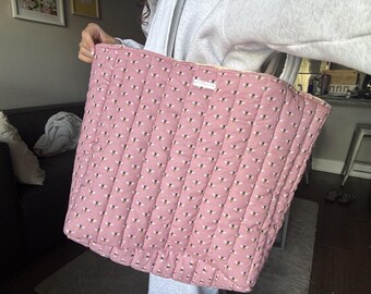 Handmade Quilted Tote | Pink Bee Print Cotton Shoulder Bag, Travel Tote Bag