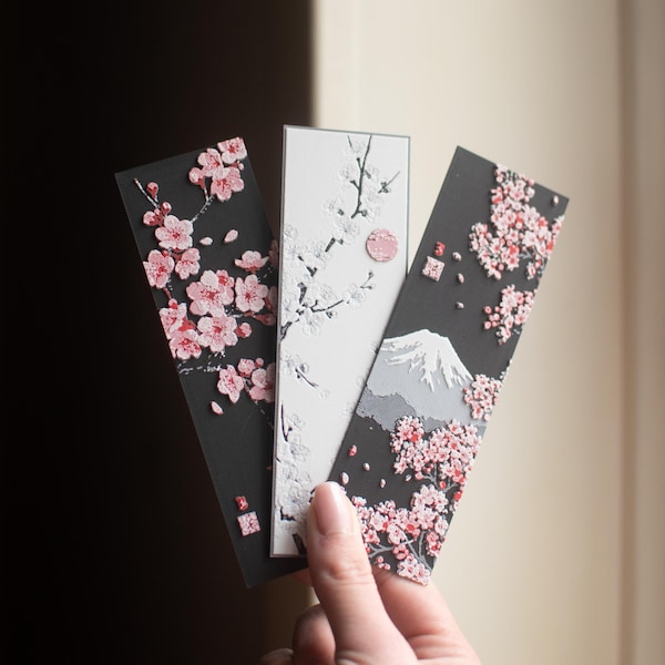 Bladwijzerset kersenbloesem | Japanse sakura, berg Fuji Aesthetic | Leuke bloemen bladwijzer cadeau voor boekenliefhebbers en journalisten