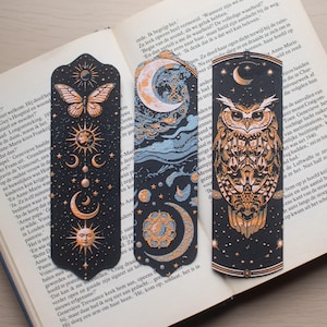 Celestial Bookmarks Set | Sun Moon Stars Owl Aesthetic | Witchy Bookish Gifts for Readers | Tarot, Crystal and Spellbook Accessories
