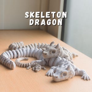 Könnte beinhalten: Eine Sammlung hellgrauer Skelettdrachenfiguren, darunter ein großer erwachsener Drache, ein kleinerer und ein Baby-Drache. Der Text "SKELETON DRAGON" wird über den Figuren angezeigt.