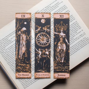 Tarot Bookmarks Set #4 | The Hermit, Wheel of Fortune, Justice | Major Arcana | Witchy Gifts, Occult Book Accessories for Readers