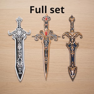 May include: Three decorative swords with ornate designs. The swords feature silver, gold, and black accents, with red gemstones. The text "Full set" is displayed above the swords.