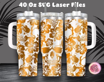 Skull And Flower 40 Oz Tumbler Laser SVG File Seamless Tumbler Design, Skull And Flower Laser Engrafed Full Wrap