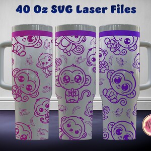 May include: Three 40 ounce stainless steel tumblers with a purple and white monkey and banana pattern. The tumblers have a handle and a lid.
