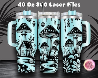 Mushroom Hause 40 Oz Tumbler Laser SVG Archivo Diseño de vaso sin costuras, Mushroom Hause Envoltura completa grabada con láser