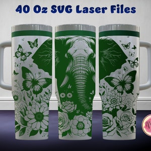 Elephant And Flower 40 Oz Tumbler Laser SVG File Seamless Tumbler Design, Elephant And Flower Laser Engrafed Full Wrap