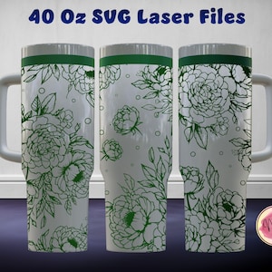 Peony V2 Flower 40 Oz Tumbler Laser SVG File Seamless Tumbler Design, Peony Laser Engrafed Full Wrap