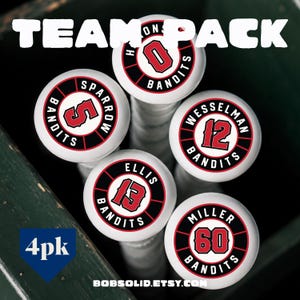 May include: A set of four white circular baseball bat knobs featuring red and black circular logos. Each knob displays a unique player name, including Sparrow, Wesselman, Ellis, and Miller, along with their respective jersey numbers 5, 12, 13, and 60.