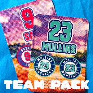 May include: Two rectangular stickers featuring a sunset-themed background with a halftone dot pattern. One sticker displays the number 23 and the name MULLINS in teal, with two circular logos reading MULLINS 23 WARRIORS. The other shows number 9.