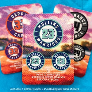 May include: A collection of sports-themed stickers featuring team logos and player numbers. The stickers have a colorful sunset background and include the text "Mullins Warriors 23" and "Capps 33". The image also includes the text "Tag us @bobsolid sticker moments".
