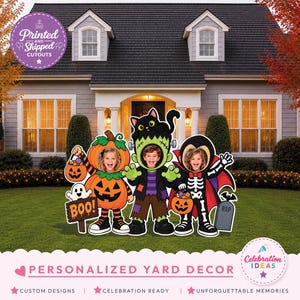 May include: A Halloween-themed yard cutout featuring three characters with face-in-hole openings: a pumpkin, a green monster with a black cat, and a skeleton. The display includes a sign that says BOO and a tombstone marked RIP in orange, green, and black.