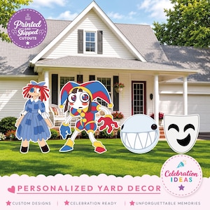 May include: Four flat yard decorations featuring cartoon characters: a rag doll with red yarn hair, a jester in a red and blue outfit, a round white creature with sharp teeth, and a white theatrical mask with a smiling expression on a green lawn.