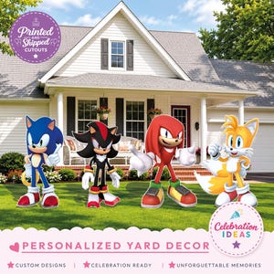 May include: Four large, colorful yard cutouts featuring the characters Sonic the Hedgehog, Shadow, Knuckles, and Tails. Each character is depicted in a full-body pose, standing on a green lawn in front of a house. The cutouts are printed and shipped.
