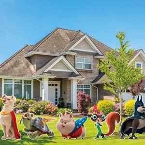 May include: Five cartoon characters dressed as superheroes stand in front of a suburban house. A dog wearing a red cape, a turtle wearing a silver helmet, a pig wearing a red cape, a squirrel wearing a green cape, and a dog wearing a black cape.
