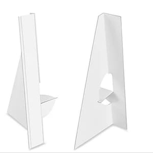 May include: Two white cardboard display stands. The stands are shaped like an A-frame and have a slot in the center for holding a sign or poster.