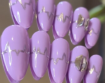 BTS Purple Lavender Heartbeat Press On Nails | Kpop Nails | BTS Nails | Lavender Medium Almond Nails | Kpop Nail Art | BTS Nail Art |