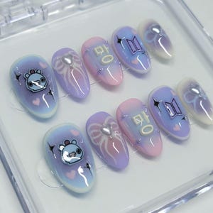 Mang Purple J-Hope BT21 BTS Press On Nails | Mang BT21 Nail Design | Jhope Purple Press On Nail | BTS Nails | Kpop | Nail Art | Almond Nails