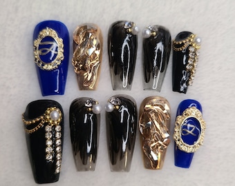Golden Jungkook Press On Nails| Standing Next To You Nails | Kpop Inspired Nails | BTS Inspired Nails | Kpop Nail Art | Medium Coffin Nails