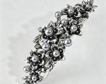 Vintage Floral Hair Barrette with Pearls | Antique Gold & Silver Flower Hair Clip, Elegant Wedding Hair Accessory