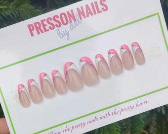 Handmade Pink French Tip Press On Nails: Silver Glitter Accent
