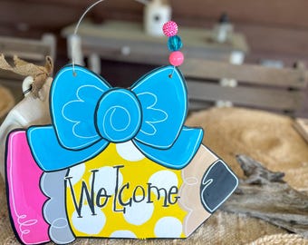 Hand-Painted Pencil Door Hanger with Bow – Custom Classroom or Welcome Sign