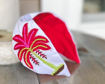 Pink Palm Tree Embroidered Seed Beaded Turban Style Headband