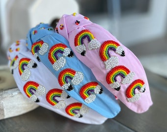 Rainbow Pencil Teachers Seed Beaded Hearts Top Knot Headband