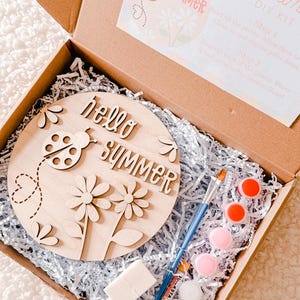 DIY Kids Summer Craft Kit | Hello Summer Birch Wood Sign | Paint and Assemble Kit with Ladybug & Flowers | Fun Family Activity