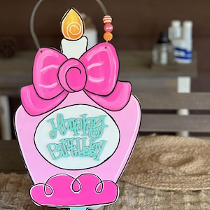 Hand-Painted Happy Birthday Door Hanger – Preppy Pink Cake Design