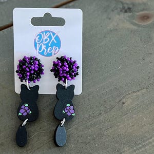 Hand Painted Black Cat Earrings | Dangle Earrings with Flower Accent | Handmade in OBX | Halloween & Cat Lover Gift