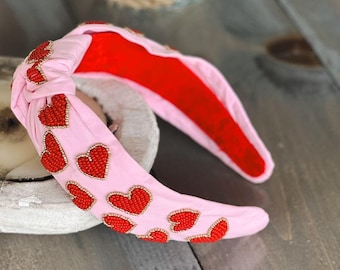 Valentine's Day Seed Beaded Hearts Top Knot Pink Headband